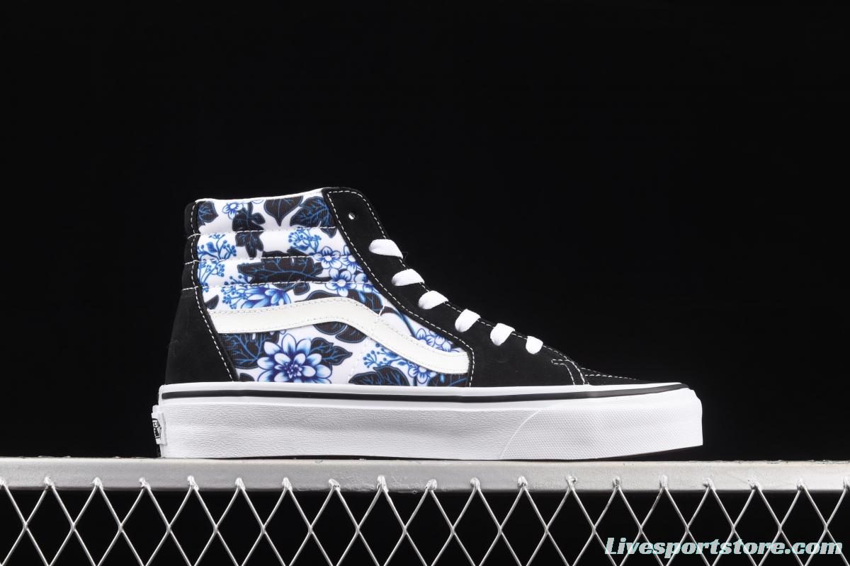 Vans Sk8-Hi classic series blue flower printing side stripes casual board shoes VN0A4U16Y6Z