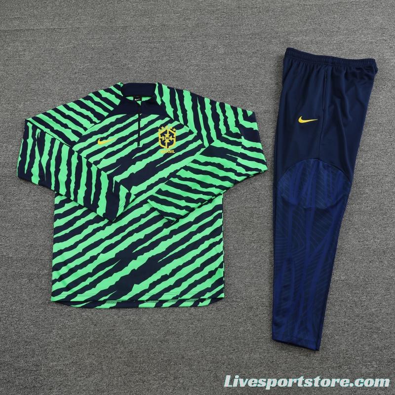 2022 Brazil Green Stripe Half Zipper Tracksuit