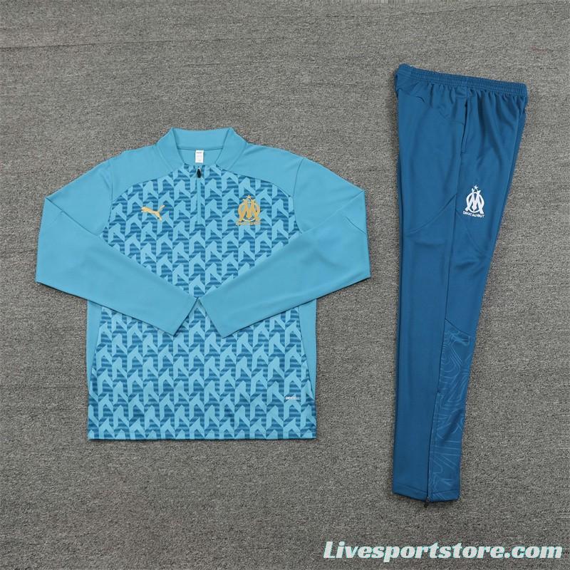 24/25 Olympique Marseille Blue Grid Half Zipper Jacket+Long Pants