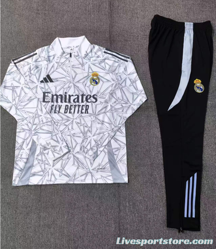 24/25 Kids Real Madrid White Special Half Zipper Jacket+Long Pants