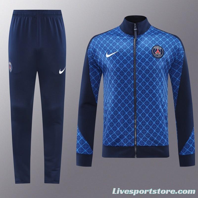 24/25 PSG Blue Grid Pattern Full Zipper Jacket +Long Pants