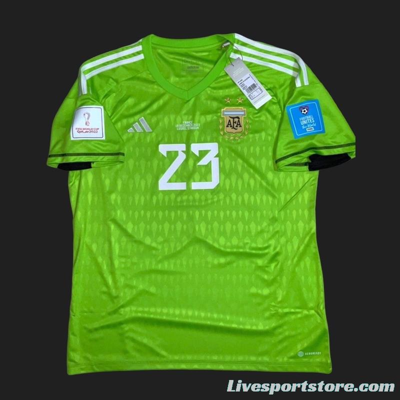 3 Stars 2023 Argentina Green E.Martinez Goalkeeper Final Match Jersey With Full Patches