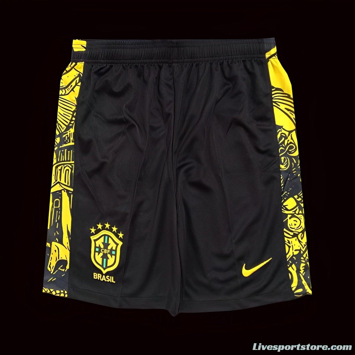 2024 Brazil Copa America Black Yellow Goalkeeper Shorts